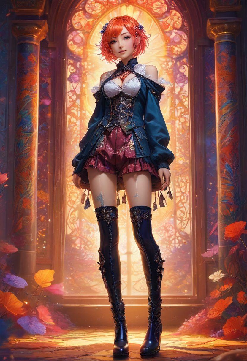 A sensual adult anime character with vibrant, colorful hair and playful expression, wearing unique and stylish kinky footwear like thigh-high boots with intricate designs. The background features abstract patterns and dreamy elements that evoke fantasy, enhancing the enticing theme of the blog. Incorporate soft, glowing lights that give a whimsical vibe. super-realistic. vibrant colors. dreamy background.