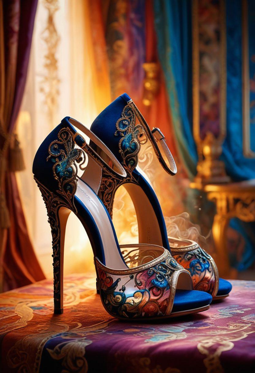 A captivating visual blending steamy and sensual elements, showcasing a pair of elegant high heels with intricate details and seductive curves, enveloped in soft steam. In the background, hints of vibrant colors and blurred silhouettes of characters hint towards the allure of hentai and fetish themes. The ambiance should evoke desire and curiosity, with soft lighting creating a dreamlike quality. Artistic style should be a fusion of surrealism and vibrant colors, adding an enchanting atmosphere.