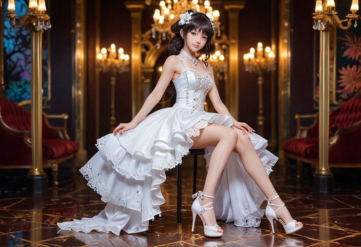 A seductive and enchanting scene featuring a stylish anime character wearing elegant high heels, surrounded by a lustrous background that blends elements of fantasy and sensuality. The character should embody the allure of hentai, with captivating eyes and a playful smile, while the high heels add a touch of sophistication. Incorporate soft lighting and a dreamy atmosphere to enhance the allure. vibrant colors. super-realistic.